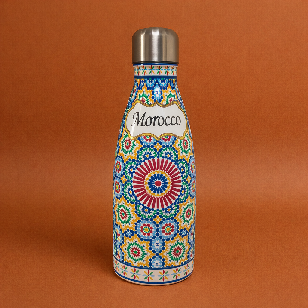 Bouteille isotherme en acier inoxydable – Motifs Zellige marocain – 500 ml